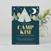 木のキャンプの誕生日 箔招待状 (立ち正面)