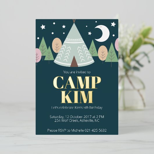 木のキャンプの誕生日 箔招待状 (立ち正面)