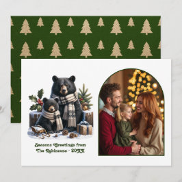 木のクマの家族のあったかい森のクリスマス写真 シーズンカード