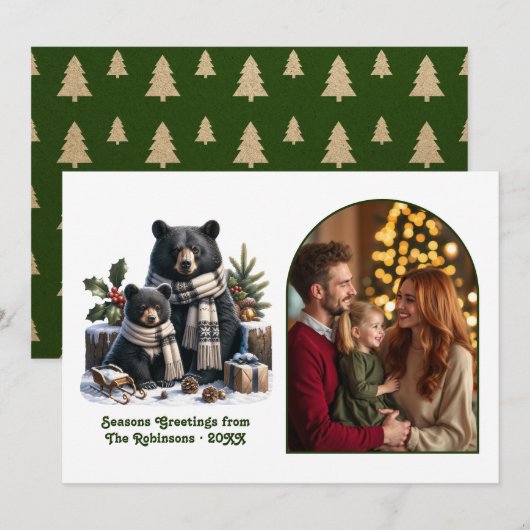 木のクマの家族のあったかい森のクリスマス写真 シーズンカード (正面/裏面)