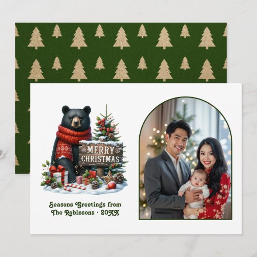 木のクマの田舎風な森のクリスマスの魔法の写真 シーズンカード (正面/裏面)