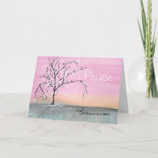 木のクリスマスカードに平和の水の色の雪 シーズンカード (正面)