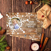 木のクリスマスフォトカードにスノーフレークのオーバーレイ シーズンカード