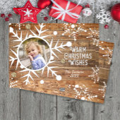 木のクリスマスフォトカードにスノーフレークのオーバーレイ シーズンカード