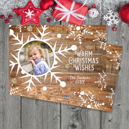 木のクリスマスフォトカードにスノーフレークのオーバーレイ シーズンカード