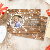 木のクリスマスフォトカードにスノーフレークのオーバーレイ シーズンカード