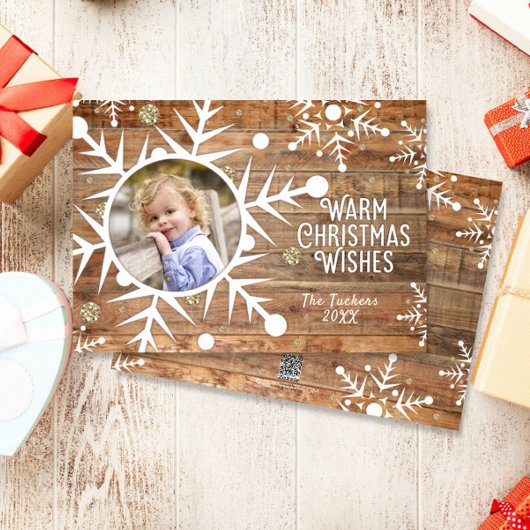 木のクリスマスフォトカードにスノーフレークのオーバーレイ シーズンカード