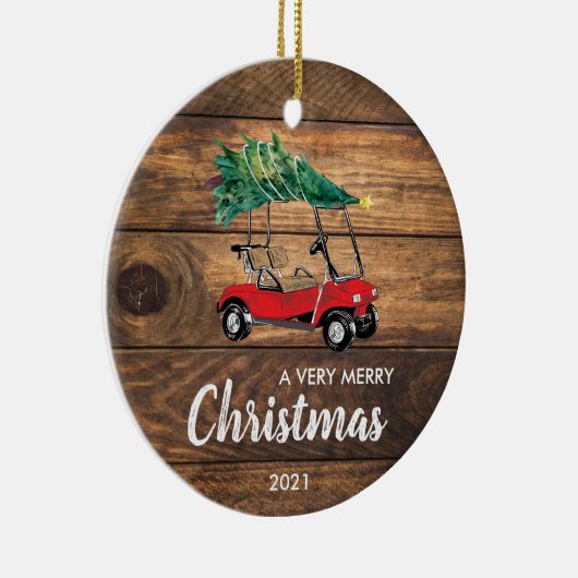 木のクリスマス装飾を施した赤いゴルフカート セラミックオーナメント (右)