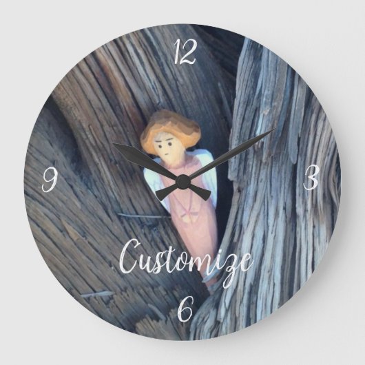 木のサンダーコーブに彫られたエンジェル ラージ壁時計 (正面)