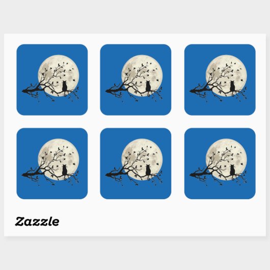 木のシルエットと満月を描いた猫と鳥 スクエアシール (シート)