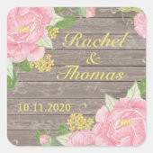 木のステッカーに水色のピンク結婚の牡丹 スクエアシール (正面)
