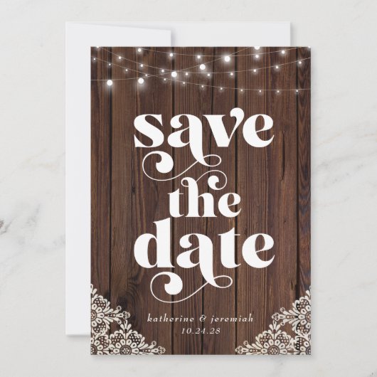 木のストリングライトレース結婚式の日付を保存 (正面)