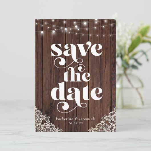 木のストリングライトレース結婚式の日付を保存 (スタンド正面)