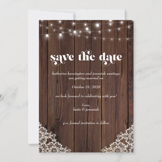 木のストリングライトレース結婚式の日付を保存 (裏面)