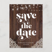 木のストリングライトレース結婚式の日付を保存 案内ポストカード (正面)