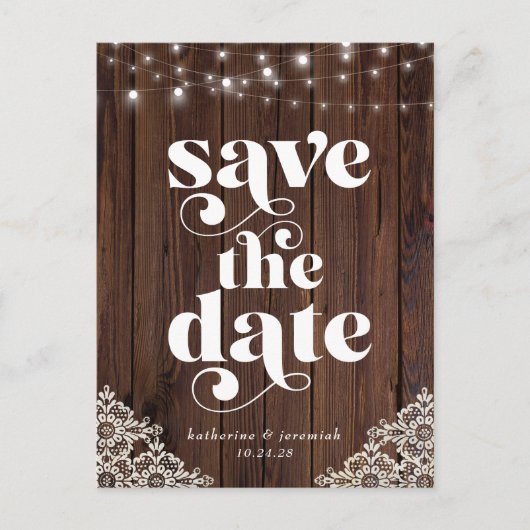 木のストリングライトレース結婚式の日付を保存 案内ポストカード (正面)