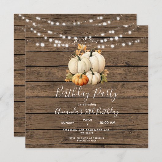 木のストリングライト パンプキン 30歳の誕生日パーティー 招待状 (正面/裏面)