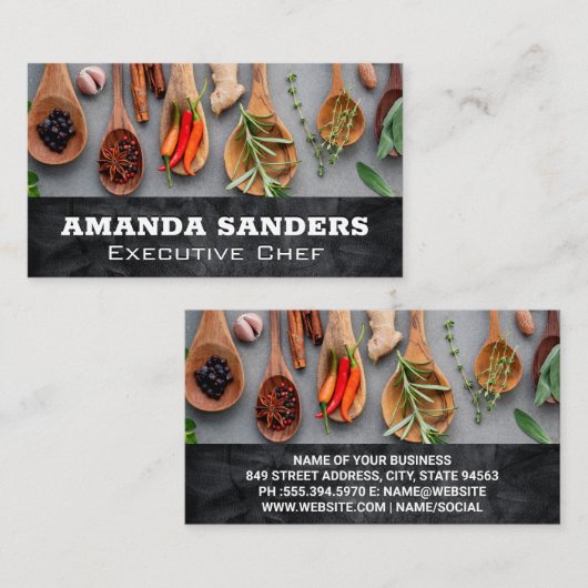 木のスプーンのハーブとスパイス | 料理 名刺 (正面/裏面)