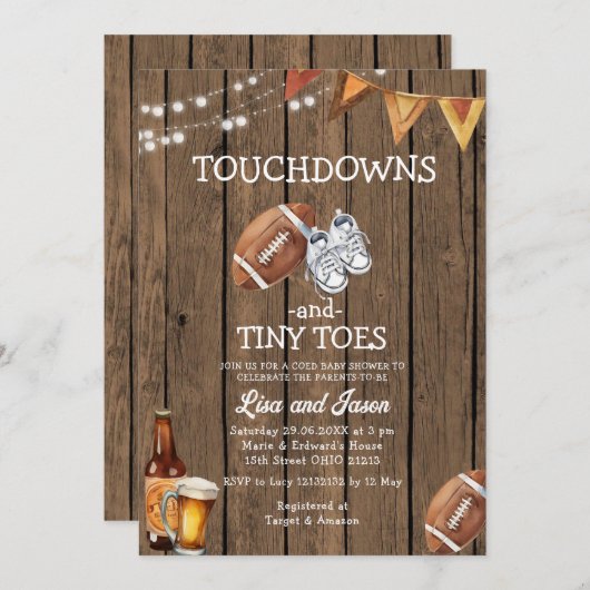 木のタッチダウン小さな足指サッカー赤ちゃんシャワー 招待状 (正面/裏面)