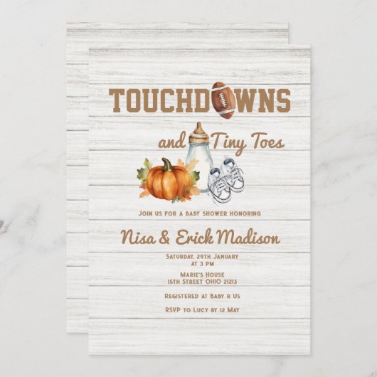 木のタッチダウン小さな足指秋の男の子の赤ちゃんシャワー 招待状 (正面/裏面)
