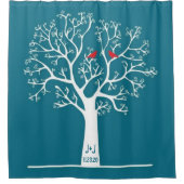 木のティール(緑がかった色)の青のカスタムのお洒落で赤い愛鳥 シャワーカーテン (正面)