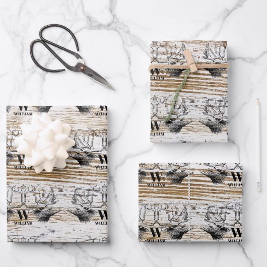 木のテクスチ素朴アディアウッドランドモノグラム ラッピングペーパーシート (正面)