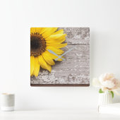 木のテーブルのひまわり スクエア壁時計 (ホーム)