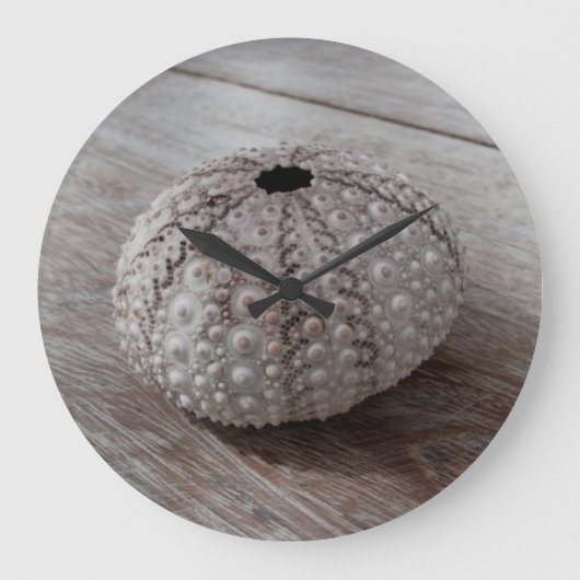 木のテーブルの上の貝 ラージ壁時計 (正面)