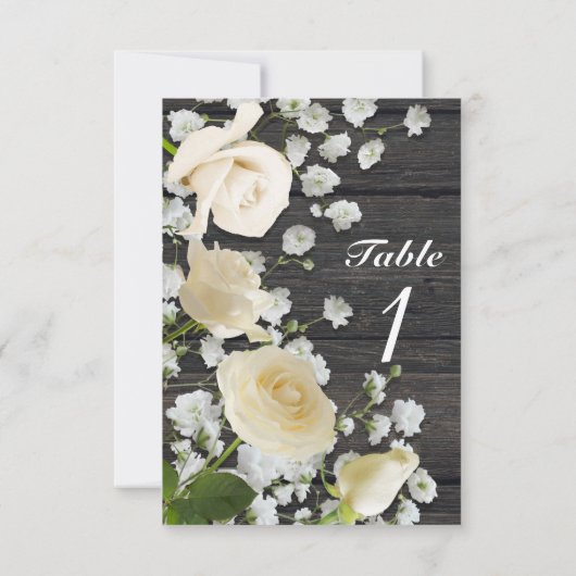 木のテーブル番号に白いバラ&赤ちゃんの息 招待状 (裏面)