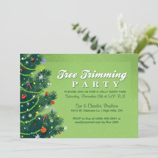 木のトリミングのクリスマスのパーティの招待状 招待状 (スタンド正面)