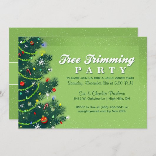 木のトリミングのクリスマスのパーティの招待状 招待状 (正面/裏面)