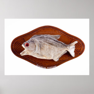 木のトロフィが隔離したようにピラニアの魚 ポスター