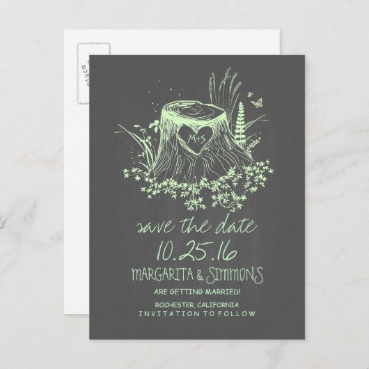 木のハートの素朴な国の日付を保存 案内ポストカード (正面/裏面)