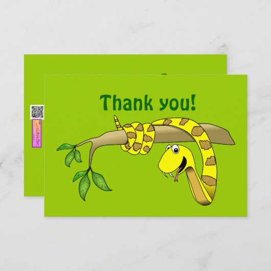 木のハ虫類のかわいい漫画の黄色のヘビ サンキューカード (正面/裏面)