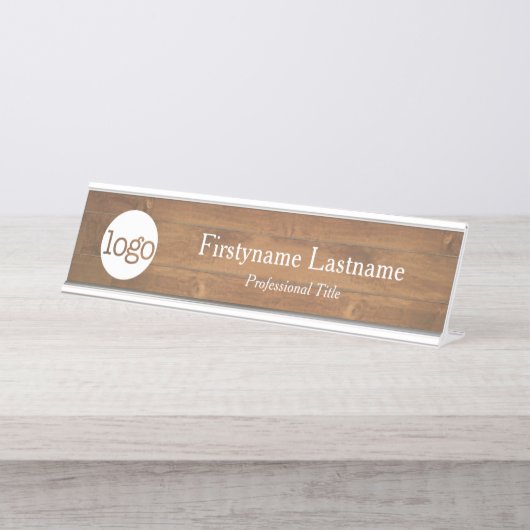 木のフェイク背景ロゴ名プロフェッショナルタイトル デスクネームプレート (正面)