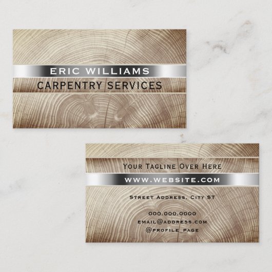 木のフェイク質銀ストライプの名刺 名刺 (正面/裏面)