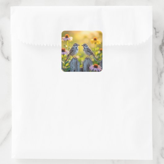 木のフェンスでスパーローズとコーンの花を スクエアシール (バッグ)