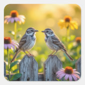 木のフェンスでスパーローズとコーンの花を スクエアシール (正面)