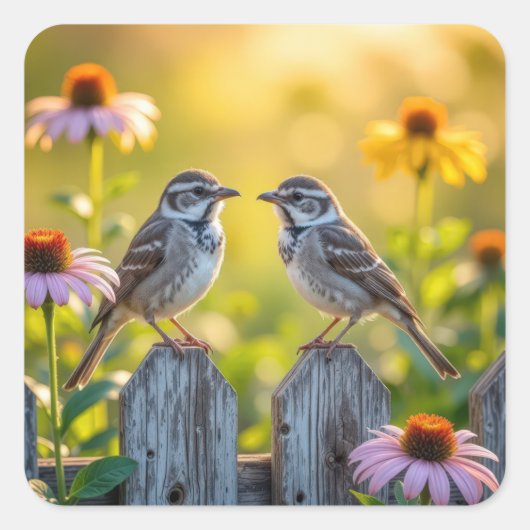 木のフェンスでスパーローズとコーンの花を スクエアシール (正面)