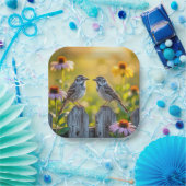 木のフェンスでスパーローズとコーンの花を ペーパープレート (パーティー)