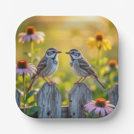 木のフェンスでスパーローズとコーンの花を ペーパープレート (正面)