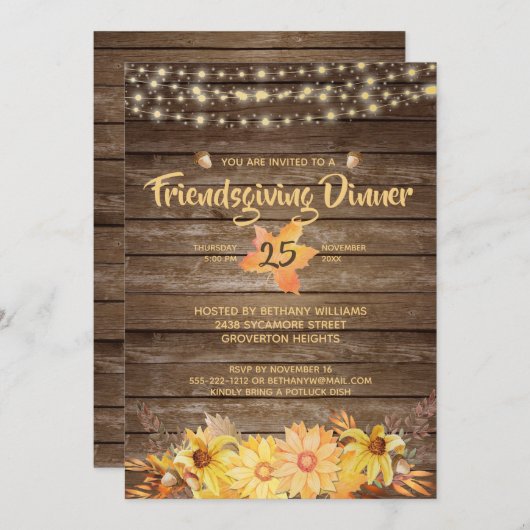 木のフローラ素朴ストリングライトのフレンドシップ 招待状 (正面/裏面)