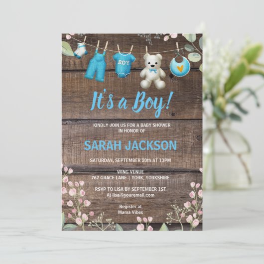 木のフローラ素朴ランドリー男の子の赤ちゃんシャワー 招待状 (スタンド正面)