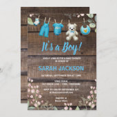 木のフローラ素朴ランドリー男の子の赤ちゃんシャワー 招待状 (正面/裏面)