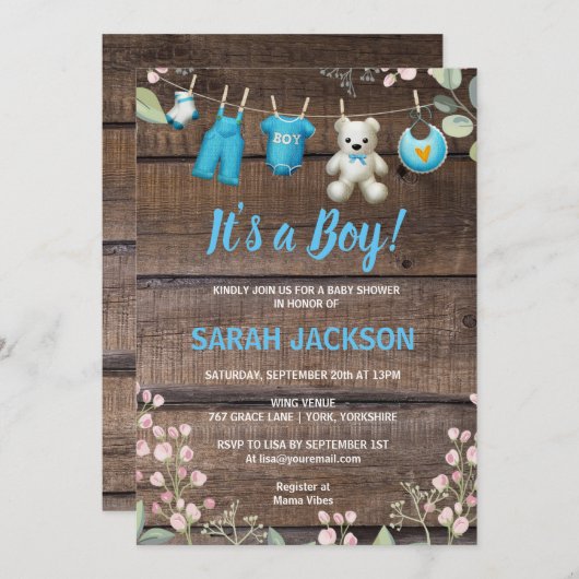 木のフローラ素朴ランドリー男の子の赤ちゃんシャワー 招待状 (正面/裏面)