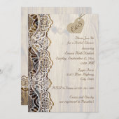 木のブライダルシャワーのホワイトレースと結婚ハート 招待状 (正面/裏面)