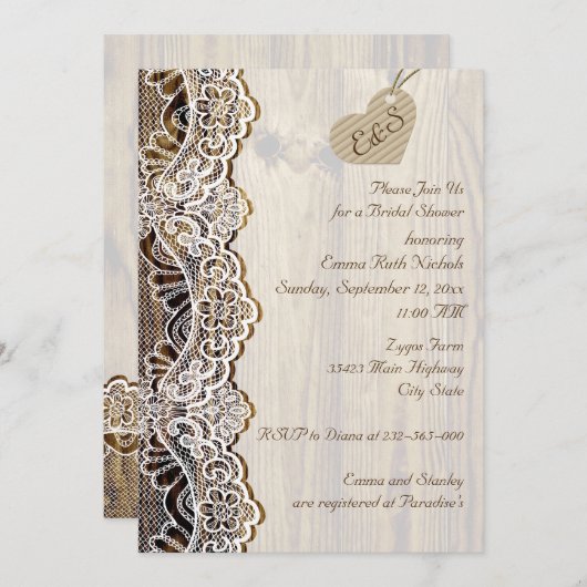 木のブライダルシャワーのホワイトレースと結婚ハート 招待状 (正面/裏面)