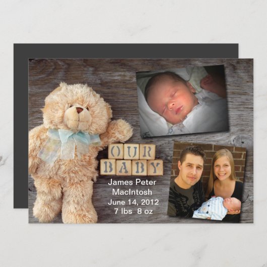 木のブロックのテディの発表 案内状 (正面/裏面)