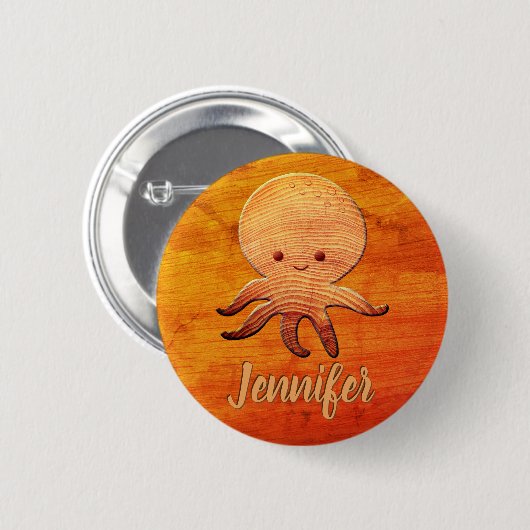 木のプリントで可愛いフェイク漫画タコ 缶バッジ (正面&裏面)