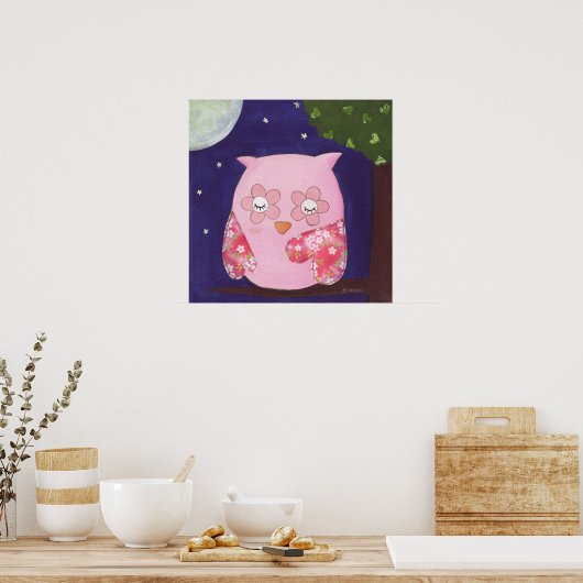 木のポスターのピンクのフクロウの夏の夜 ポスター (キッチン)